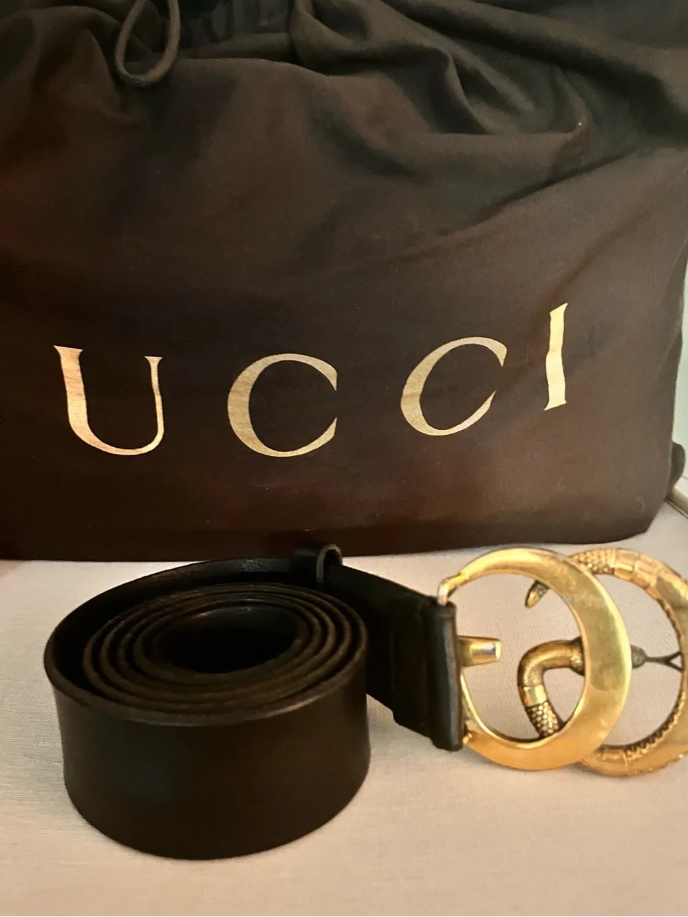 Gucci Black Leather Belt with Gold Double G Snake Buckle unisex